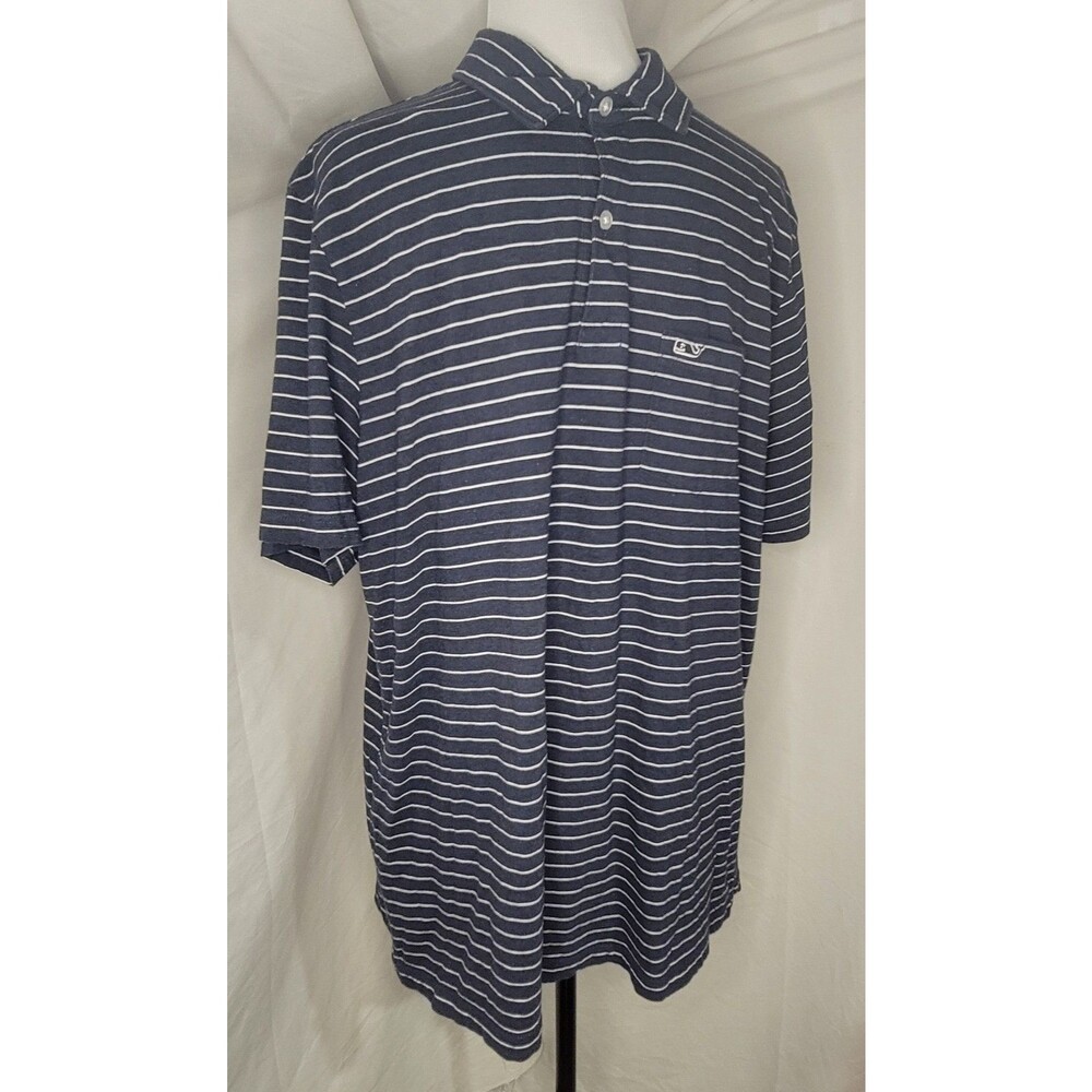 Vineyard Vines Mens Polo Shirt Large Classic Fit Navy Light Blue Striped Golf